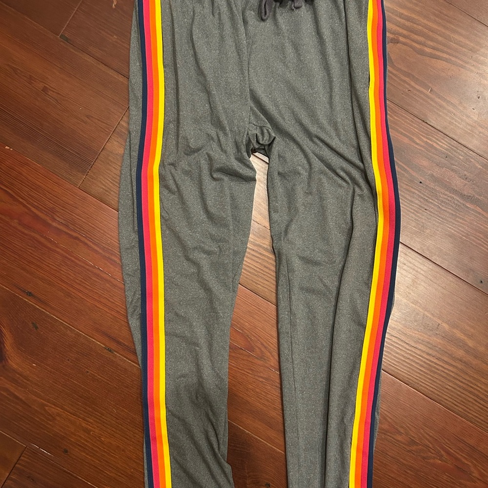 Gray Track Pants with Rainbow Stripes
